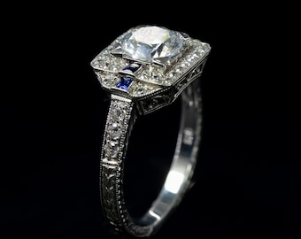 Art Deco Diamond & Sapphire Engagement Ring Setting | Gold or Platinum Semi Mount