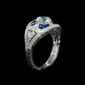 Vintage Edwardian Ring Setting Only/ Edwardian Engagement Ring Antique Inspired Filigree White Gold Diamond Blue Sapphire Engraved Milgrain