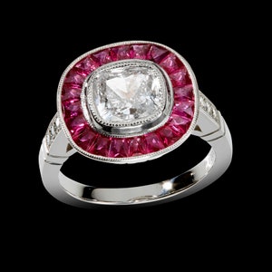 Antique Style Art Deco Halo Engagement Ring/ Vintage White Gold Ruby Diamond Milgrain Semi Mount Setting/ Mounting For Bezel Set Asscher Cut
