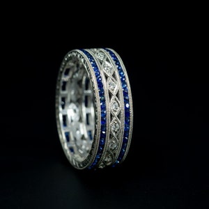 Antique Replica Art Deco Eternity Wedding Ring/ White Gold Diamond Blue Sapphire Engraved Milgrain Eternity Wedding Band/ Size 4.00 Band