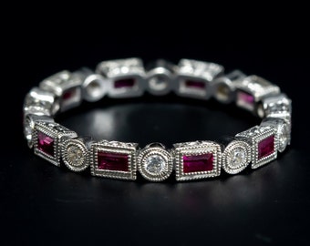 Art Deco 18K Gold Ruby & Diamond Eternity Band, Milgrain Wedding Band, Vintage Style Anniversary Ring
