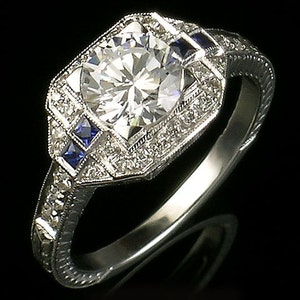 Art Deco Engagement Ring Setting Only/ Antique Replica Gold Platinum Diamond Sapphire Engraved Mill Grained Bezel Set Semi Mount For Round
