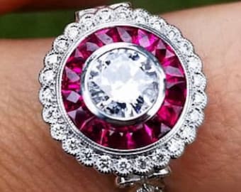 Edwardian Ruby & Diamond Engagement Ring in 14k Gold Filigree