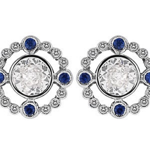 Antique Style Edwardian Earrings/14K White Gold Diamond & Genuine Blue Sapphire Earrings/ Mill Grained Earrings/Setting Only For 6.00 MM image 1