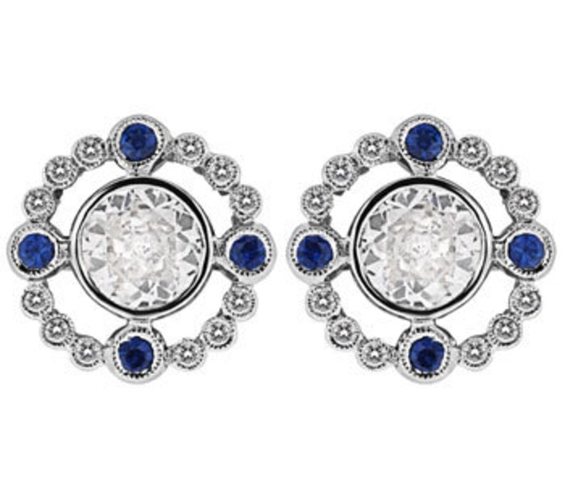 Antique Style Edwardian Earrings/14K White Gold Diamond & Genuine Blue Sapphire Earrings/ Mill Grained Earrings/Setting Only For 6.00 MM image 1