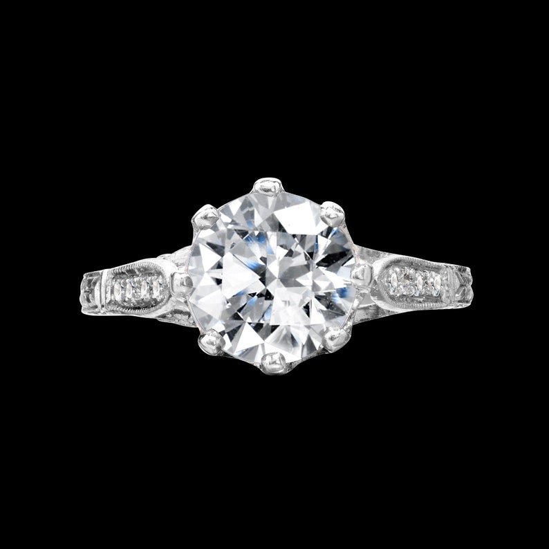 Antique Style Art Deco Engagement Ring/Platinum Diamond Ring/ Milgrain Hand Engraved Engagement Ring/ Setting Only/ Vintage Ring/ Semi Mount image 3