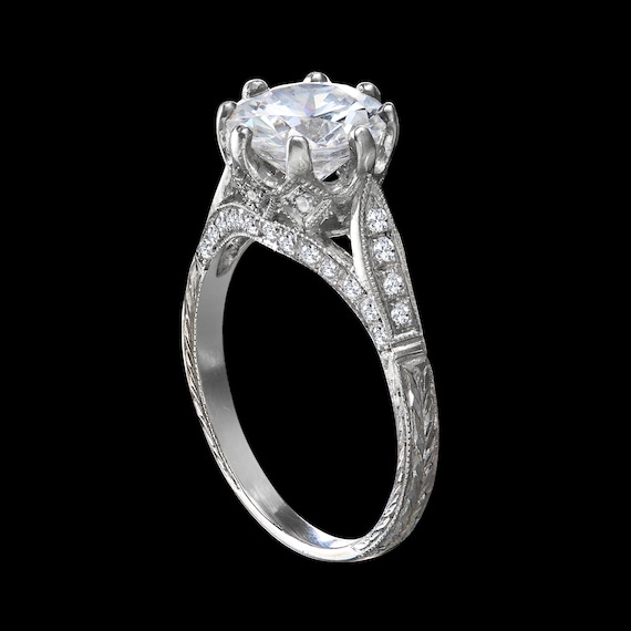 Art Deco Diamond Setting Only Engagement Ring Art Deco Semi Mount Gold or Platinum Engraved Milgrain Cathedral Six Prongs Engagement Ring Etsy