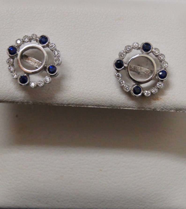 Antique Style Edwardian Earrings/14K White Gold Diamond & Genuine Blue Sapphire Earrings/ Mill Grained Earrings/Setting Only For 6.00 MM image 4