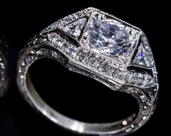Art Deco Style Antique Inspired/ 18K White Gold or Platinum Natural Diamond Milgrain and Engraved Low Profile Engagement Ring /Setting Only