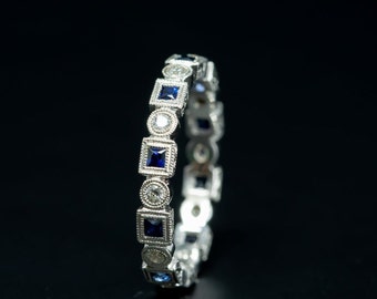Art Deco Eternity Stackable Band/18 K Gold Genuine Blue Sapphire and Diamond Mill Grained and Engraved Stackable Band/Eternity Gemstone Ring