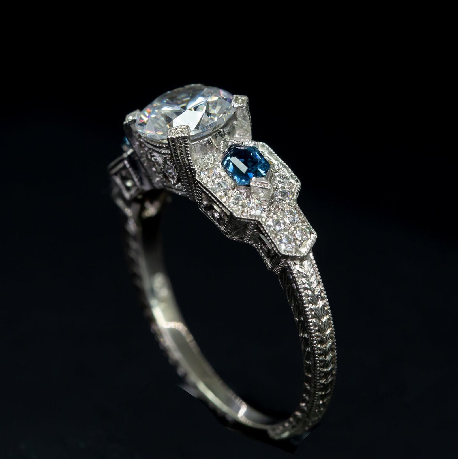 Antique Bridal Set/ Art Deco Wedding Set/ Diamond Baguette Blue Antique Bridal Set/ Art Deco Wedding Set/ Diamond Baguette Blue