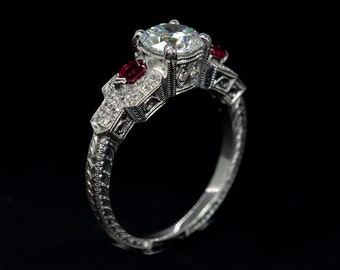 Antique Style Engagement Ring/Edwardian Ring/Ruby Diamond Ring/Mill Grained Engraved Engagement Ring/Setting Only/Semi Mount/Vintage Ring