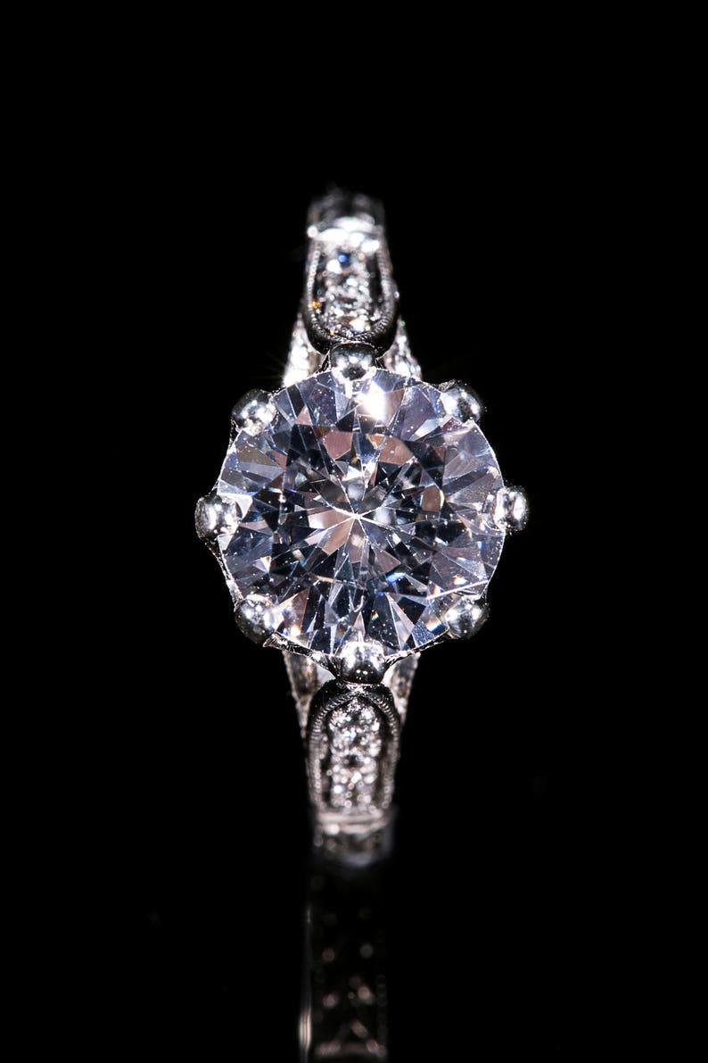 Antique Style Art Deco Engagement Ring/Platinum Diamond Ring/ Milgrain Hand Engraved Engagement Ring/ Setting Only/ Vintage Ring/ Semi Mount image 5