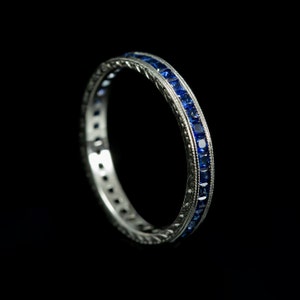 Art Deco Eternity Ring/ 18k Gold Channel Set Princess Cut Genuine Sapphire Eternity Ring/Mill Grained  Hand Engraved Stackable Wedding Band