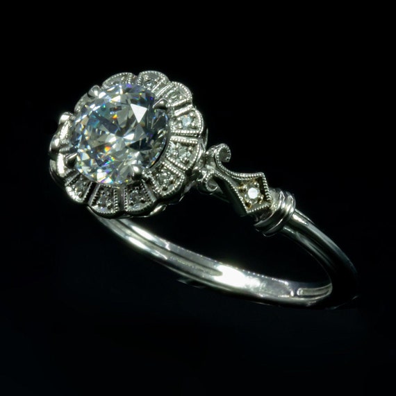 Vintage Inspired White Gold Diamond Halo Ring Setting with Filigree Milgrain