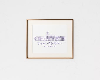 Texas Christian University • Handmade Watercolor Campus • TCU Gift • College Graduation Gift • Fort Worth Texas • TCU Grad Gift • TCU Decor