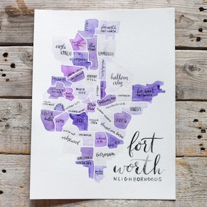 Fort Worth TX Buurtenkaart • TCU • Hou van je stad • Handgeschilderde aquarelkaart