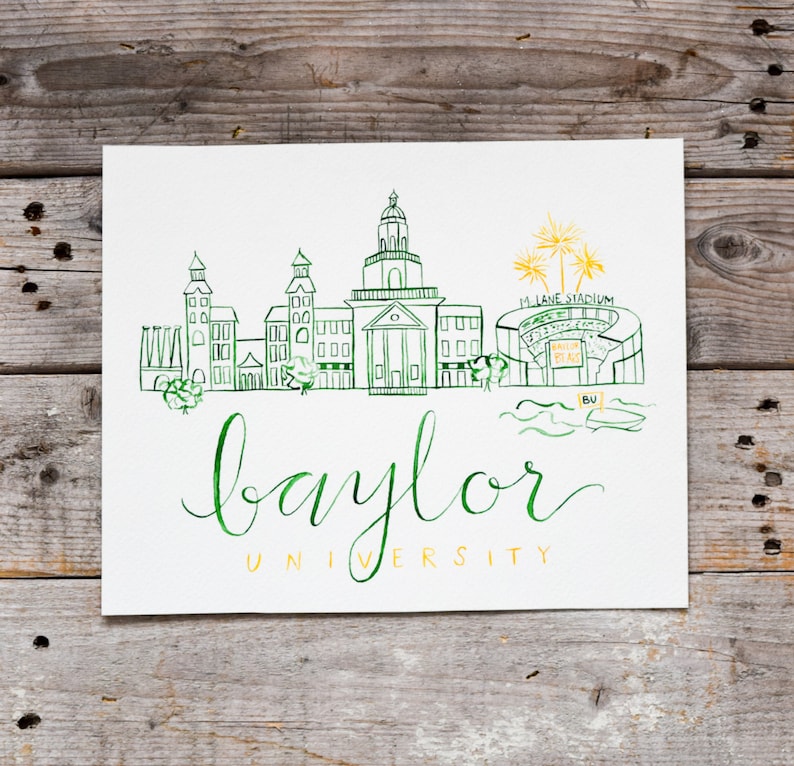 Baylor University, Handmade Watercolor Campus Painting, Waco Pai Baylor University, Handmade Watercolor Campus Painting, Waco Pai