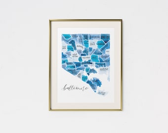 Baltimore Watercolor Map • Baltimore Art • Baltimore Gift • Housewarming Gift • Baltimore City Map • Neighborhood Map • Custom Map