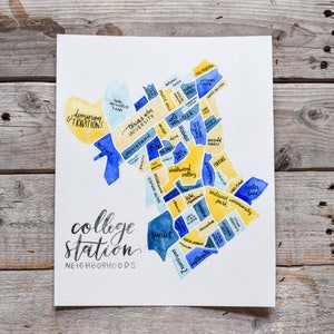 College Station TX Buurtenkaart • Texas A&M • Hou van je stad • Handgeschilderde aquarelkaart