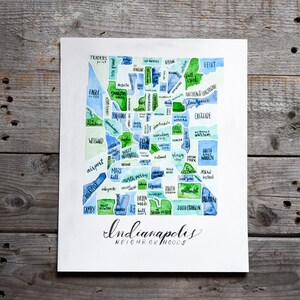 Indianapolis IN Nachbarschaft Karte • Liebe deine Stadt • Handgemalte Aquarell Karte