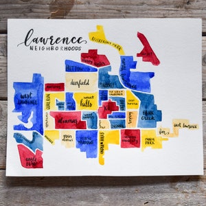 Lawrence KS buurten kaart • hou van je stad • Universiteit van Kansas • hand geschilderde aquarel kaart