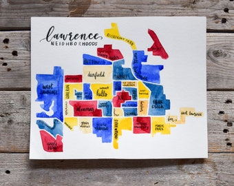 Lawrence KS Neighborhoods Map • Love Your City • University of Kansas • Hand Painted Watercolor Map