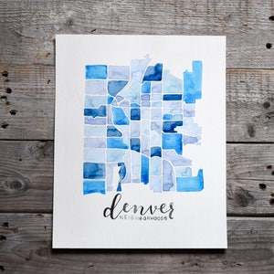 Denver CO Buurtenkaart • Hou van je stad • Handgeschilderde aquarel kaart