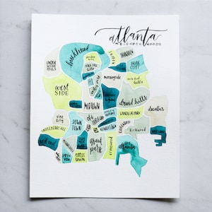 Kaart van Atlanta, Georgia • Kaart van de buurt van Atlanta • Cadeau van Atlanta • Aangepast cadeau • Aquarelkaart • Aangepaste aquarelkaart