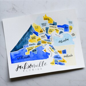 Kaart van Jacksonville Florida • Aangepaste stadsplattegrond • Aangepaste aquarelkaart • Aangepaste gift • Militaire gift • Originele aquarel schilderij