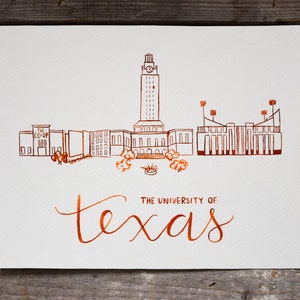Universidad de Texas • Pintura de campus de acuarela hecha a mano • Pintura de Austin • Decoración de UT • Decoración de Texas • Regalo de graduación universitaria