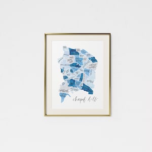 May include: A watercolour map of Chapel Hill, North Carolina, with the names of different neighbourhoods labelled in blue ink.