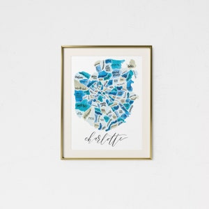 Charlotte Acuarela Mapa • Charlotte Art • Charlotte Gift • Regalo de inauguración de la casa • Charlotte City Map • Mapa del vecindario • Mapa personalizado