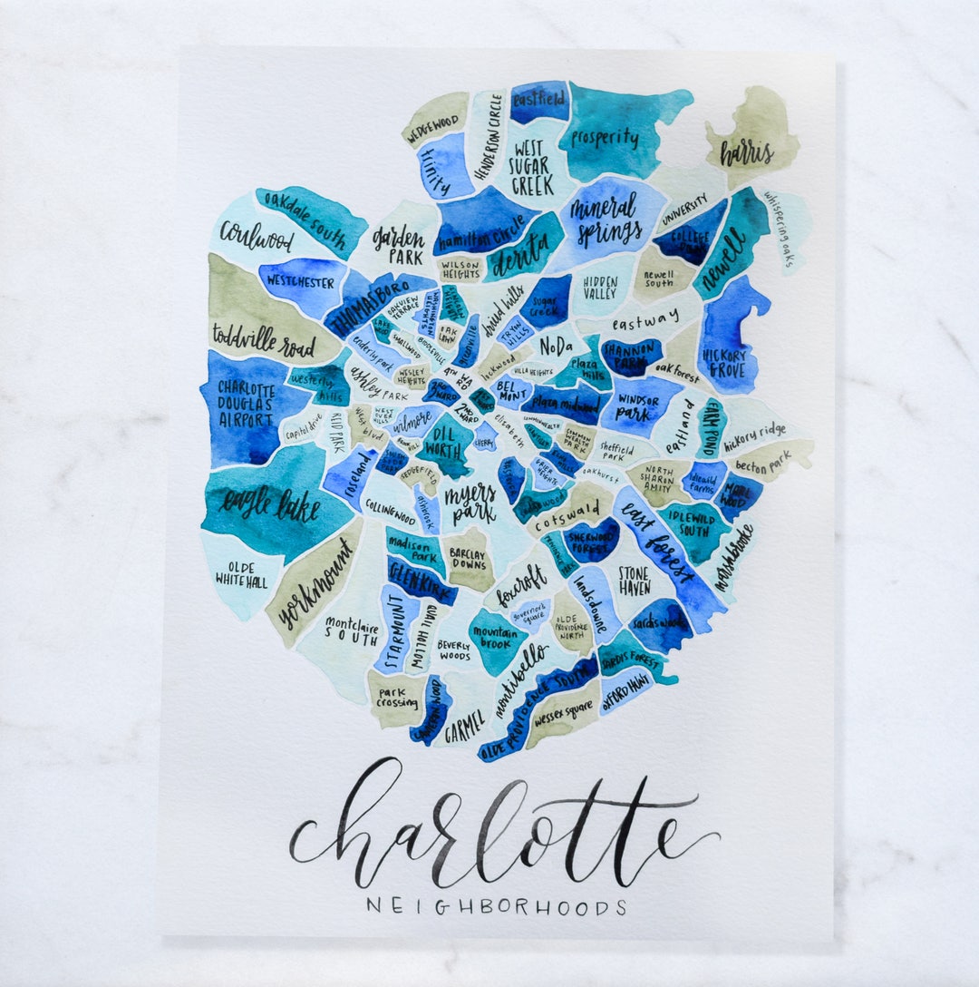 Charlotte Map • Custom Watercolor Gift • Neighborhood Map • North ...