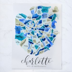 Charlotte Map • Custom Watercolor Gift • Neighborhood Map • North Carolina Charlotte Gift • Custom City Map