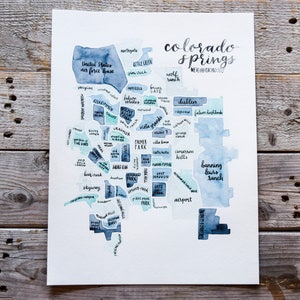 Colorado Springs City Watercolor Neighboorhood Map, Colorado Map, City Map; Watercolor Map, Colorado Art, Denver Neighborhoods