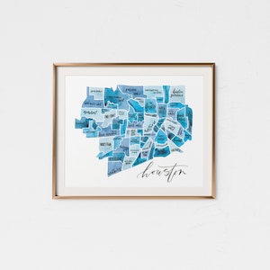 Impressão do mapa de Houston • Presente personalizado em aquarela • Mapa do bairro • Presente Houston Texas • Mapa da cidade personalizado • Mapa da cidade de Houston
