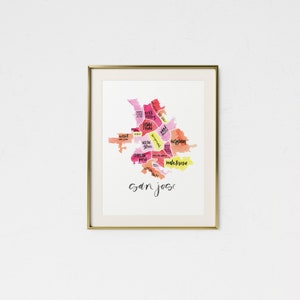 San Jose Aquarel Kaart • San Jose Art • California Gift • Housewarming Gift • San Jose Stadsplattegrond • Aangepaste Kaart • San Jose CA Kaart