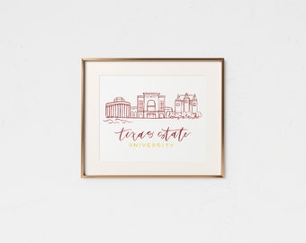Texas State University • Handmade Watercolor Campus • Texas State Gift • College Graduation Gift • San Marcos Texas • Texas State Decor