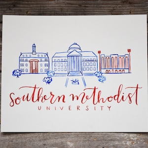 Universidade Metodista do Sul, pintura artesanal em aquarela de campus, pintura de Dallas, decoração SMU, decoração de Mustang, presente de formatura de faculdade