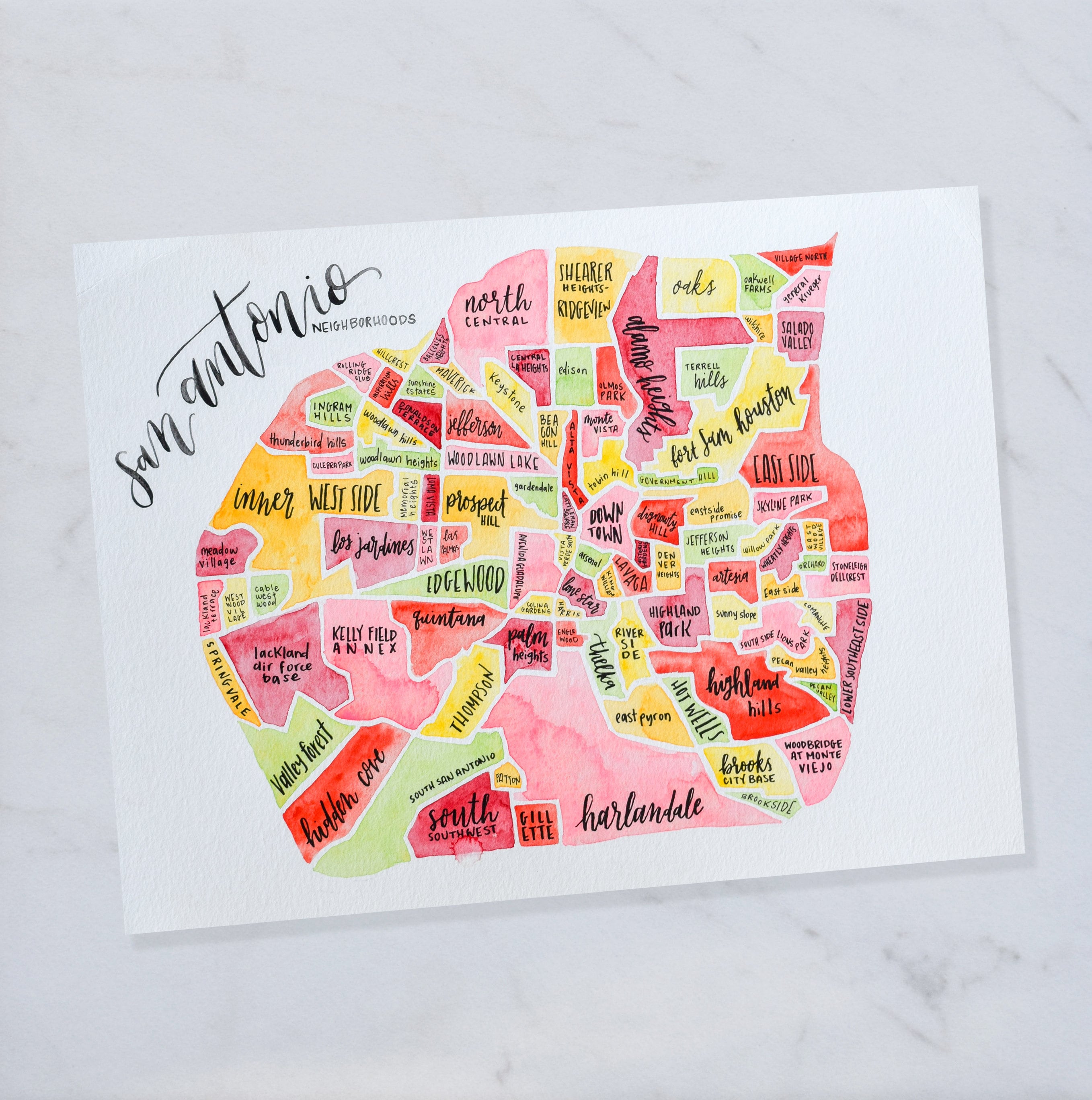 San Antonio Map Custom Watercolor Gift Neighborhood