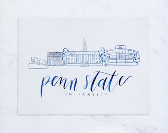 Penn State, pintura artesanal em aquarela campus, pintura Penn State, decoração Penn State, leão Nittany, presente de formatura universitária