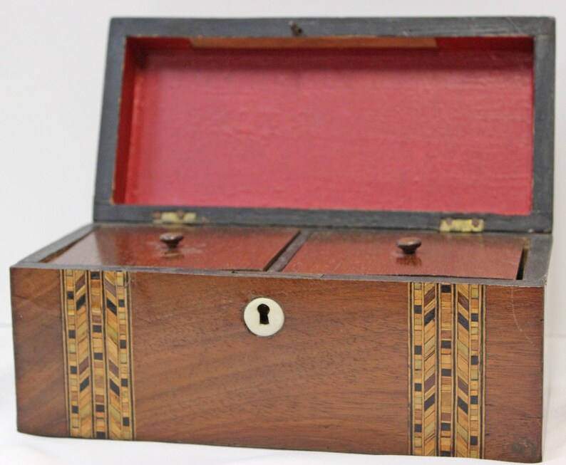 Antique English Wooden Tea Caddy With Inlaid Marquetry has Etsy