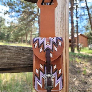 Back Cinch Phone Holder, Billet bag, Handmade Saddle Pouch, Saddle Phone Holder (Purple)