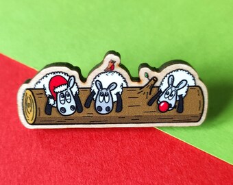 Ewe'le Log Wooden Pin, Christmas Sheep Brooch, Xmas Gift
