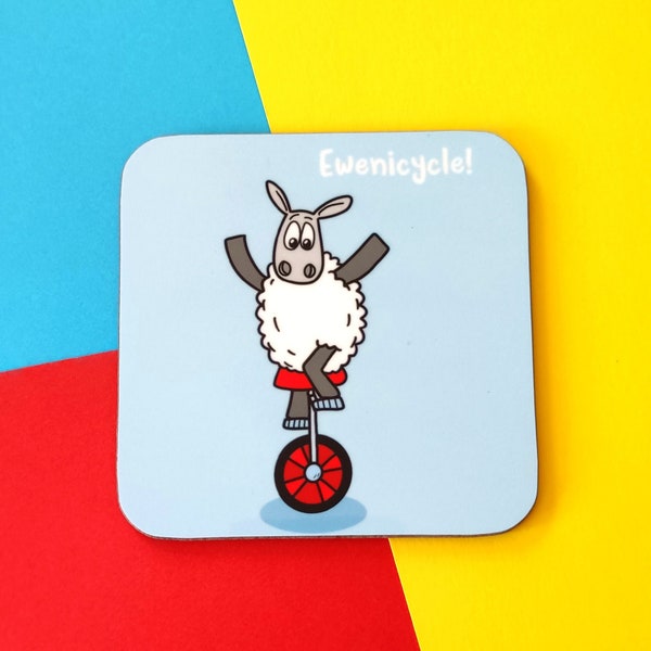 Ewenicycle! - coaster, Sheep gift, Unicycle, Funny gift, Knitting gift, Cute drinks mat, Gift for knitter, Punny coaster, Sheep gifts