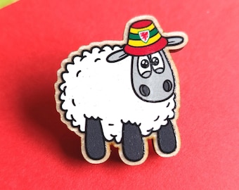 Welsh Sheep Wooden Pin Badge: Bucket Hat Wales Gift
