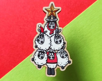 Sheep Christmas Tree Wooden Pin Badge, Ewe'letide Yule Gift