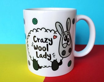 Crazy Wool Lady! Mug | Fun sheep gift | Sheep Mug | Fun Knitting Cup | Funny Gifts For Knitters | Yarn gift | Fun mug | Wool lovers gift