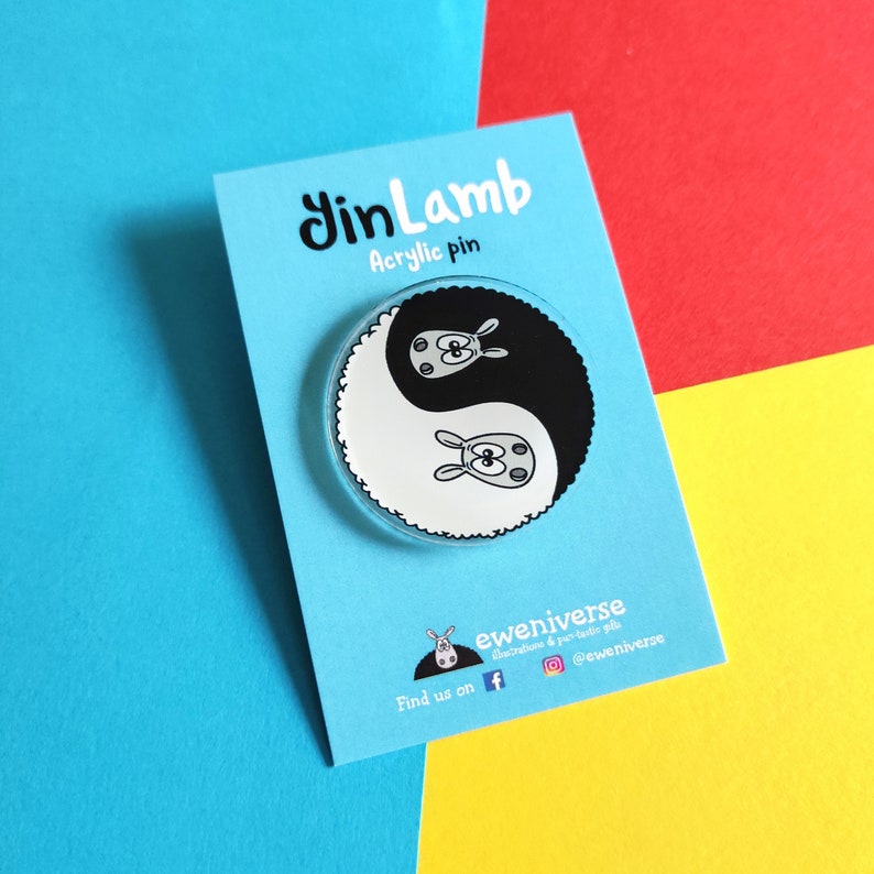 YinLamb Sheep acrylic pin, YinYang pin badge, Knitters gift,Knitting gift, lapel pin, Yarn bag badge, cute badge, Sheep gift, Yin Yang image 6